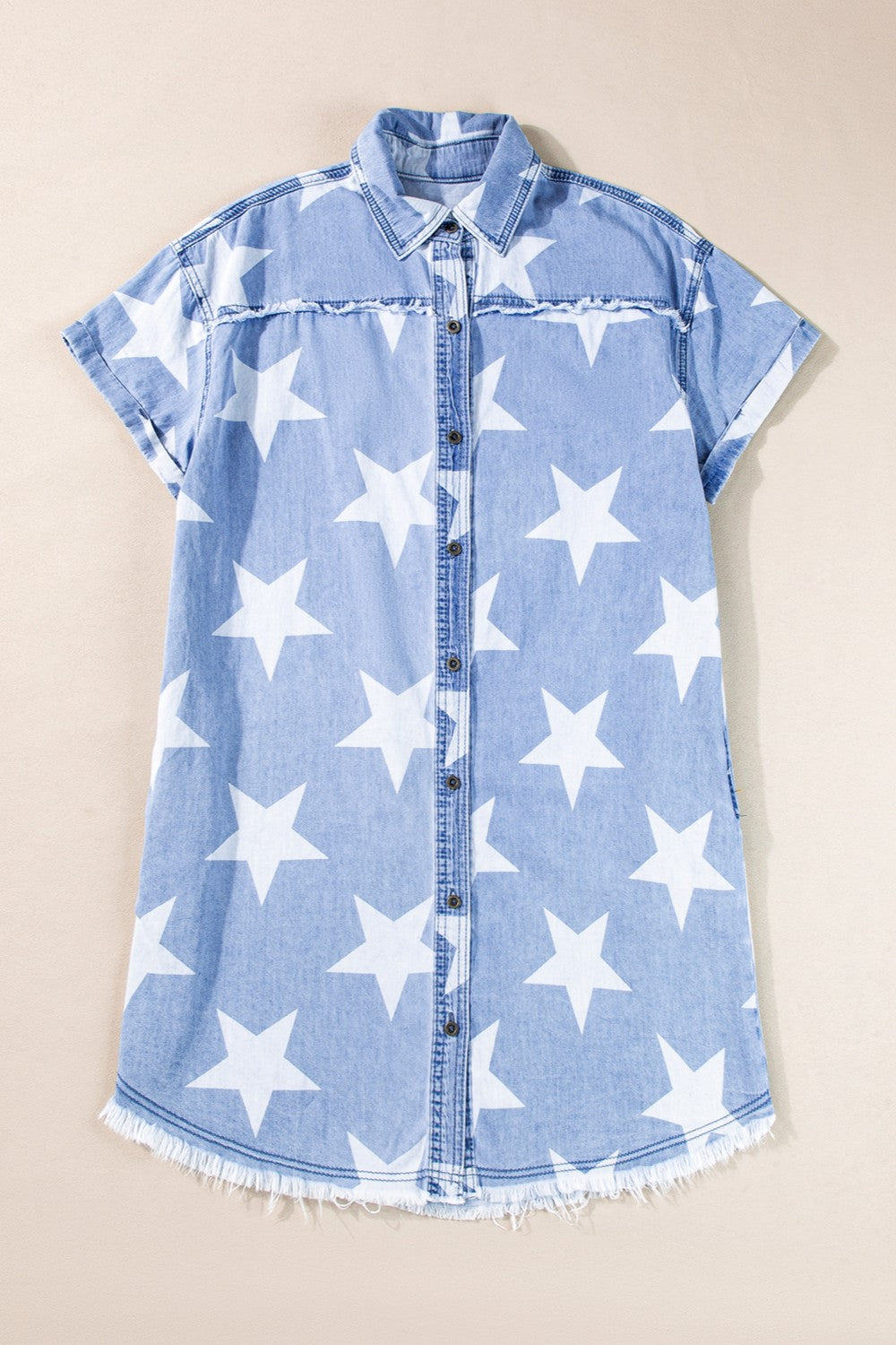 Raw Hem Star Short Sleeve Denim Dress-TOPS / DRESSES-[Adult]-[Female]-2022 Online Blue Zone Planet