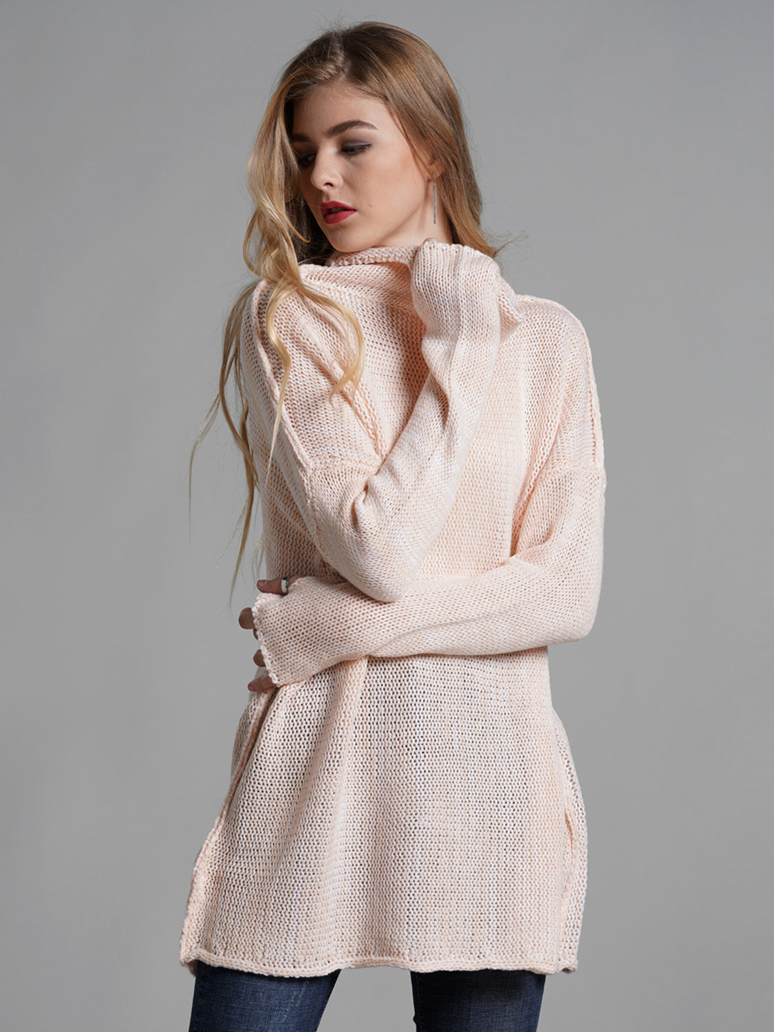 Turtleneck Dropped Shoulder Long Sleeve Sweater-TOPS / DRESSES-[Adult]-[Female]-Blush Pink-S-2022 Online Blue Zone Planet