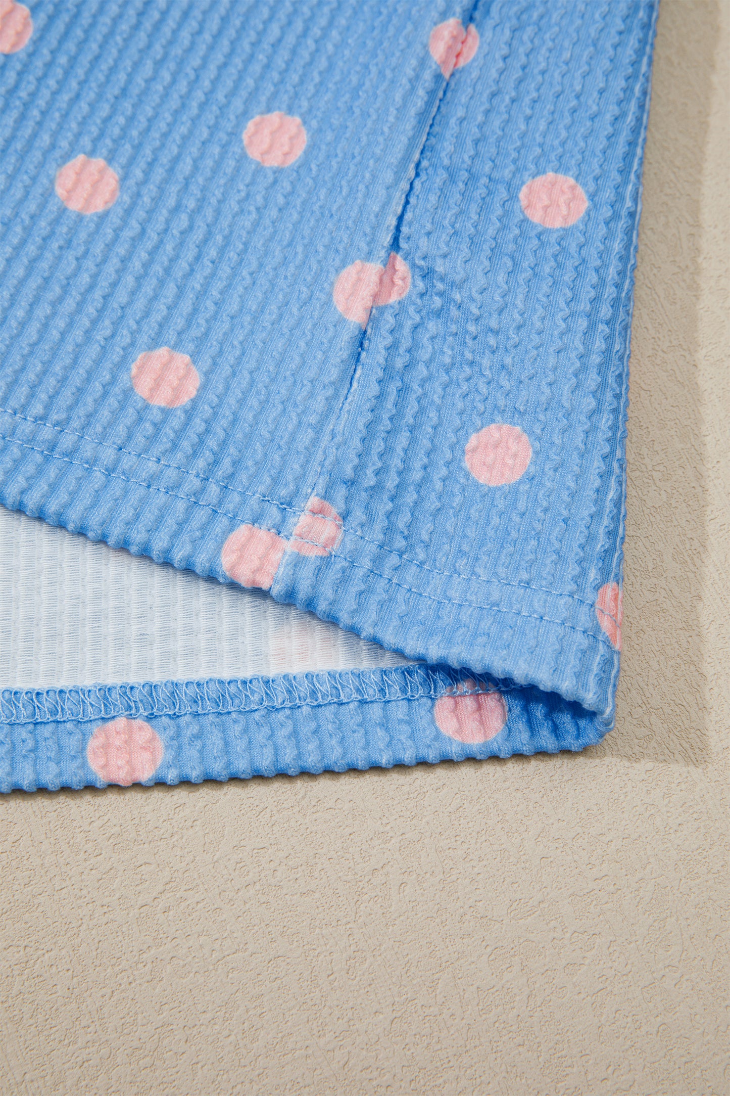 Sky Blue Raised Rib Polka Dot Print Cuffed Short Sleeve Top-Tops/Tops & Tees-[Adult]-[Female]-2022 Online Blue Zone Planet