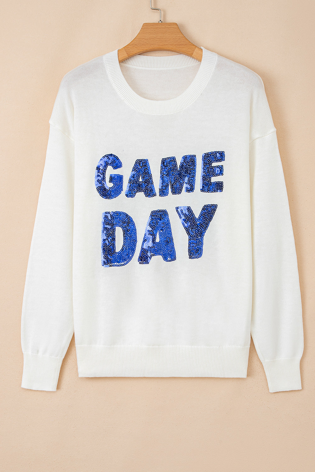 White Sequined Game Day Graphic Round Neck Sweater-TOPS / DRESSES-[Adult]-[Female]-2022 Online Blue Zone Planet