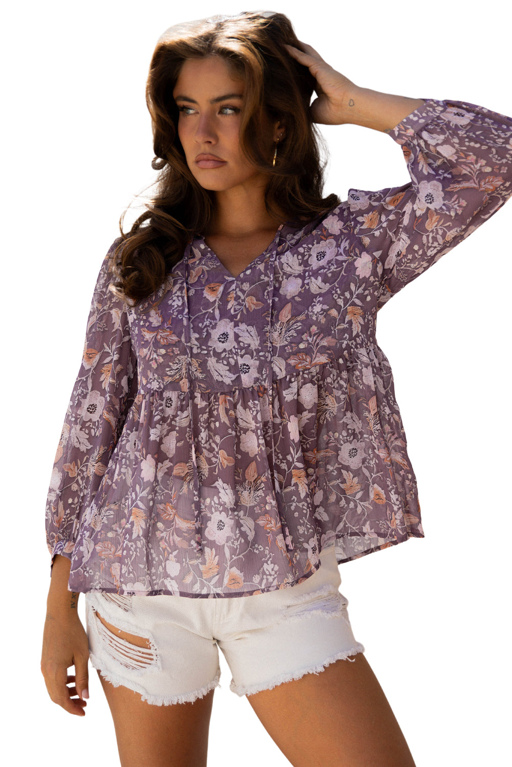 Blue Boho Flower Print 3/4 Sleeve Babydoll Blouse-Tops/Blouses & Shirts-[Adult]-[Female]-2022 Online Blue Zone Planet