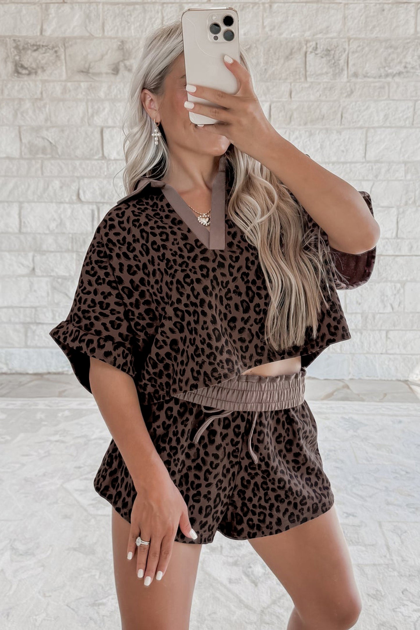 Brown V Neck Collar Leopard Printed 2pcs Short Set-Two Piece Sets/Short Sets-[Adult]-[Female]-2022 Online Blue Zone Planet