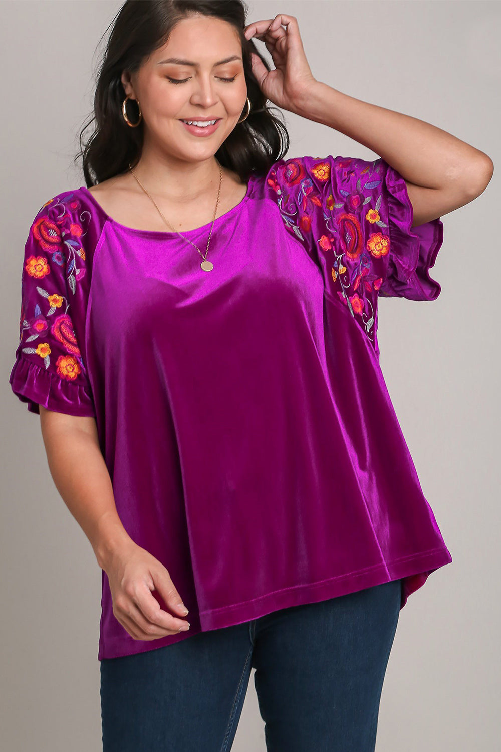 Blue Zone Planet | Umgee Full Size Velvet Embroidery Short Sleeve Blouse-TOPS / DRESSES-[Adult]-[Female]-2022 Online Blue Zone Planet