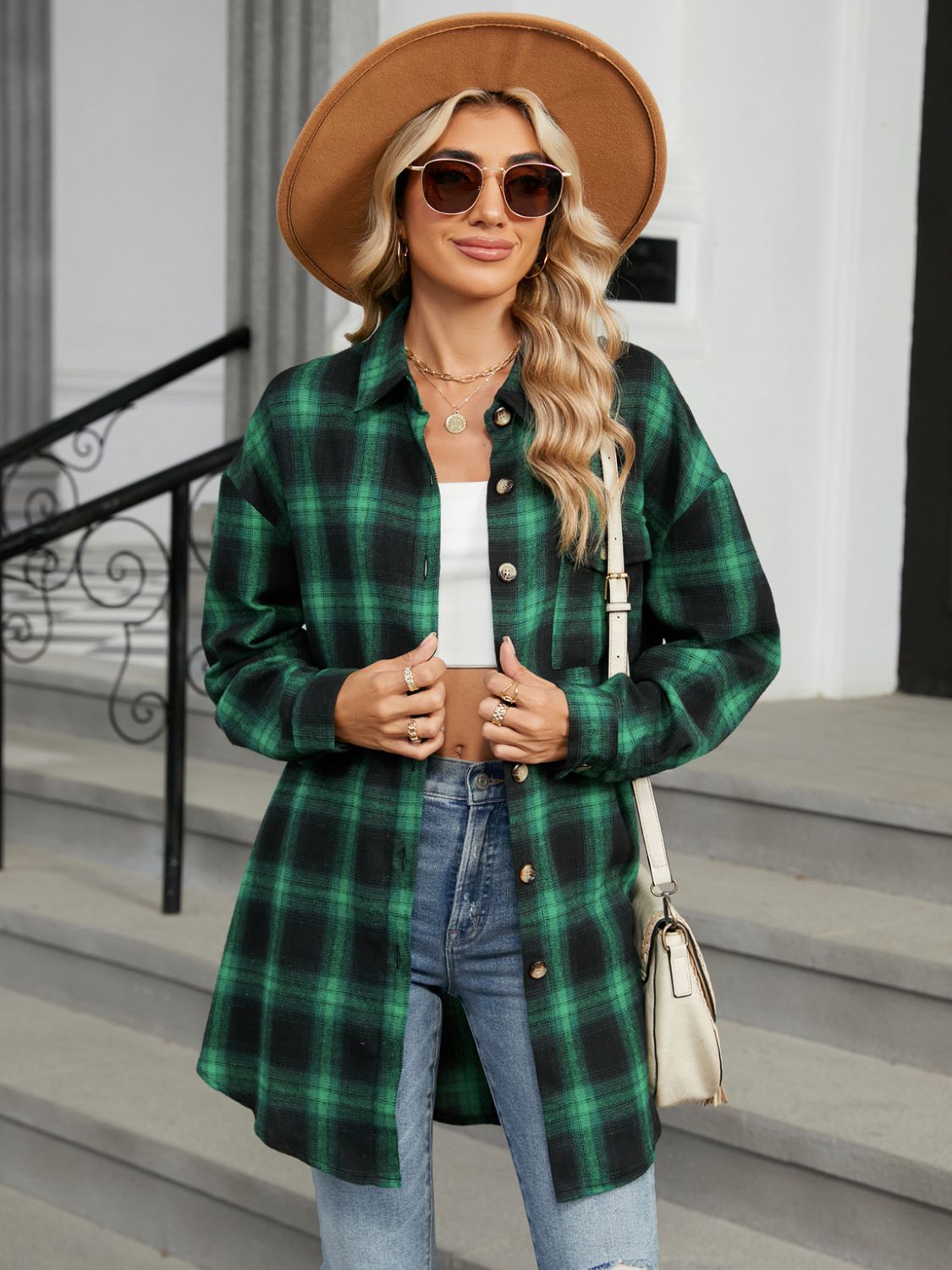 Plaid Collared Neck Long Sleeve Shirt-TOPS / DRESSES-[Adult]-[Female]-2022 Online Blue Zone Planet