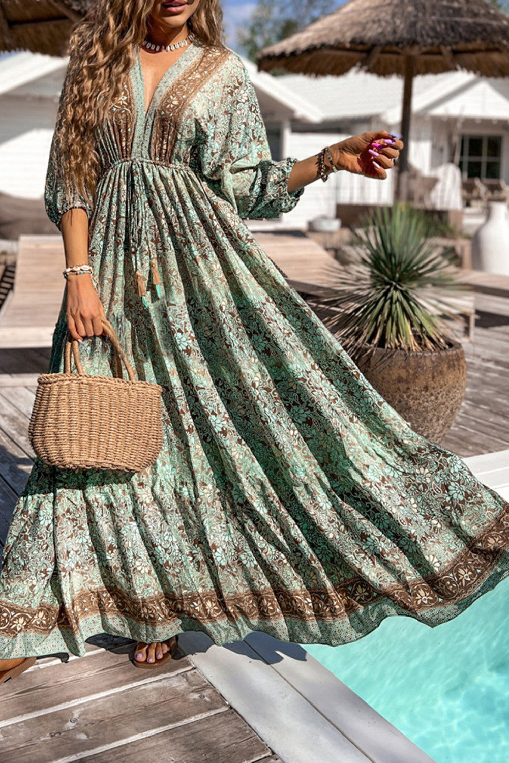 Green Boho Floral Print Backless Drawstring High Waist Maxi Dress-Maxi Dresses-[Adult]-[Female]-Green-S-2022 Online Blue Zone Planet