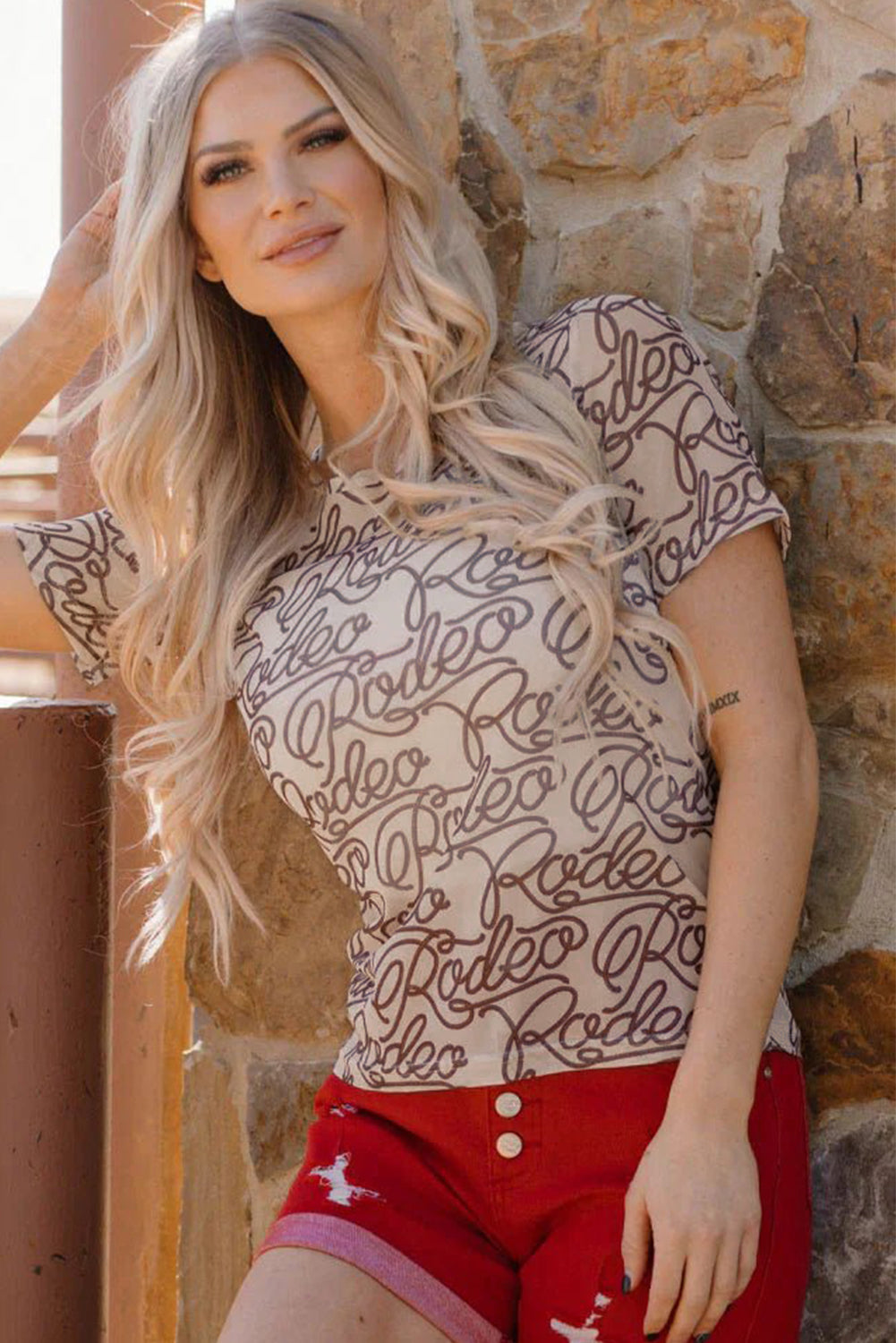 Brown Rodeo Print Round Neck Slim Fit Mesh T Shirt-Tops/Tops & Tees-[Adult]-[Female]-2022 Online Blue Zone Planet
