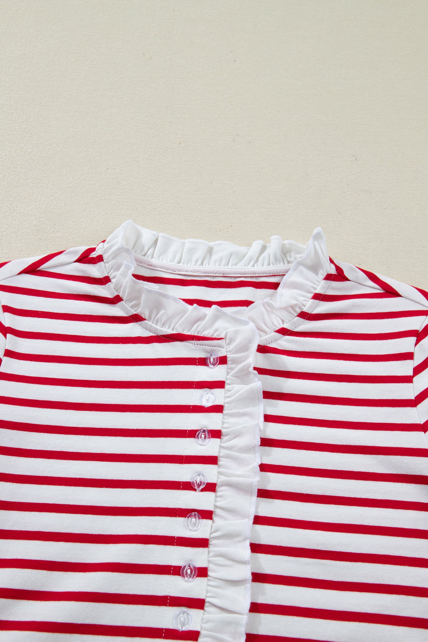 Red Stripe Contrast Frilled Trim Half Button Long Sleeve Top-Tops/Long Sleeve Tops-[Adult]-[Female]-2022 Online Blue Zone Planet