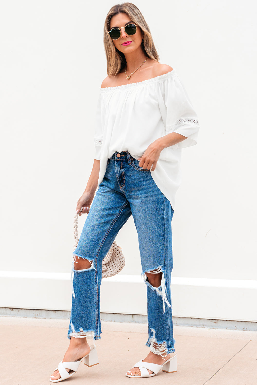 White Frilly Off Shoulder Lace Insert Sleeve Textured Blouse-Tops/Blouses & Shirts-[Adult]-[Female]-2022 Online Blue Zone Planet