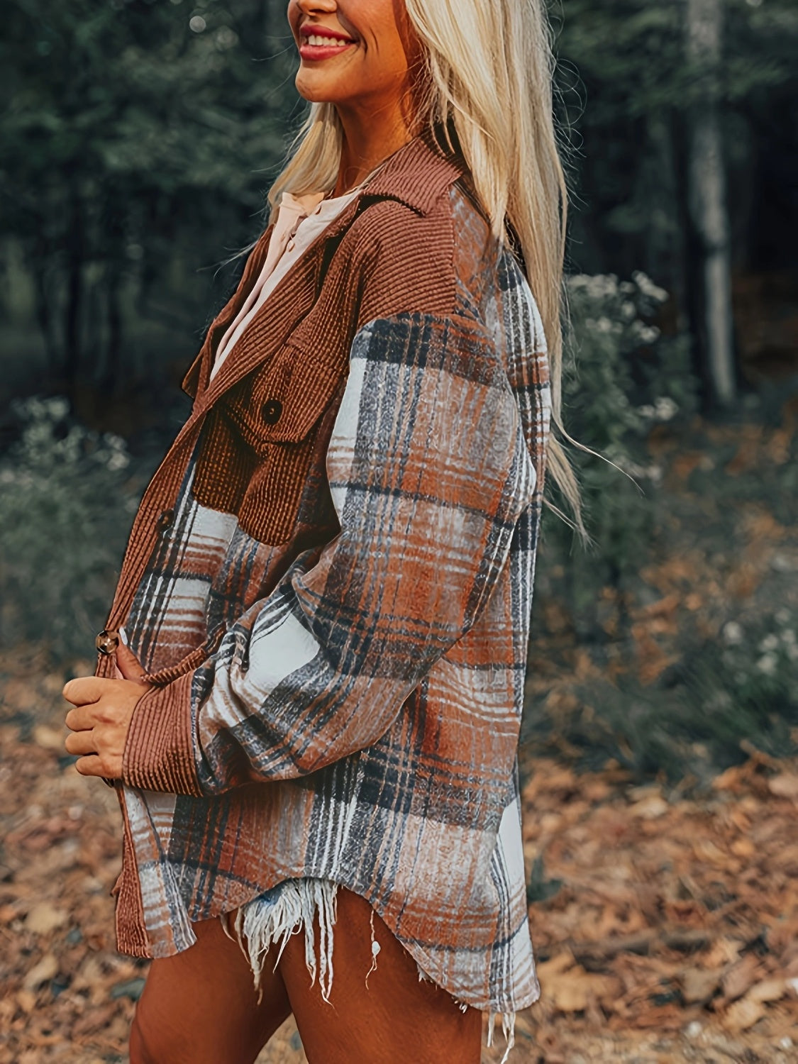 Plaid Collared Neck Button Up Shacket-TOPS / DRESSES-[Adult]-[Female]-2022 Online Blue Zone Planet