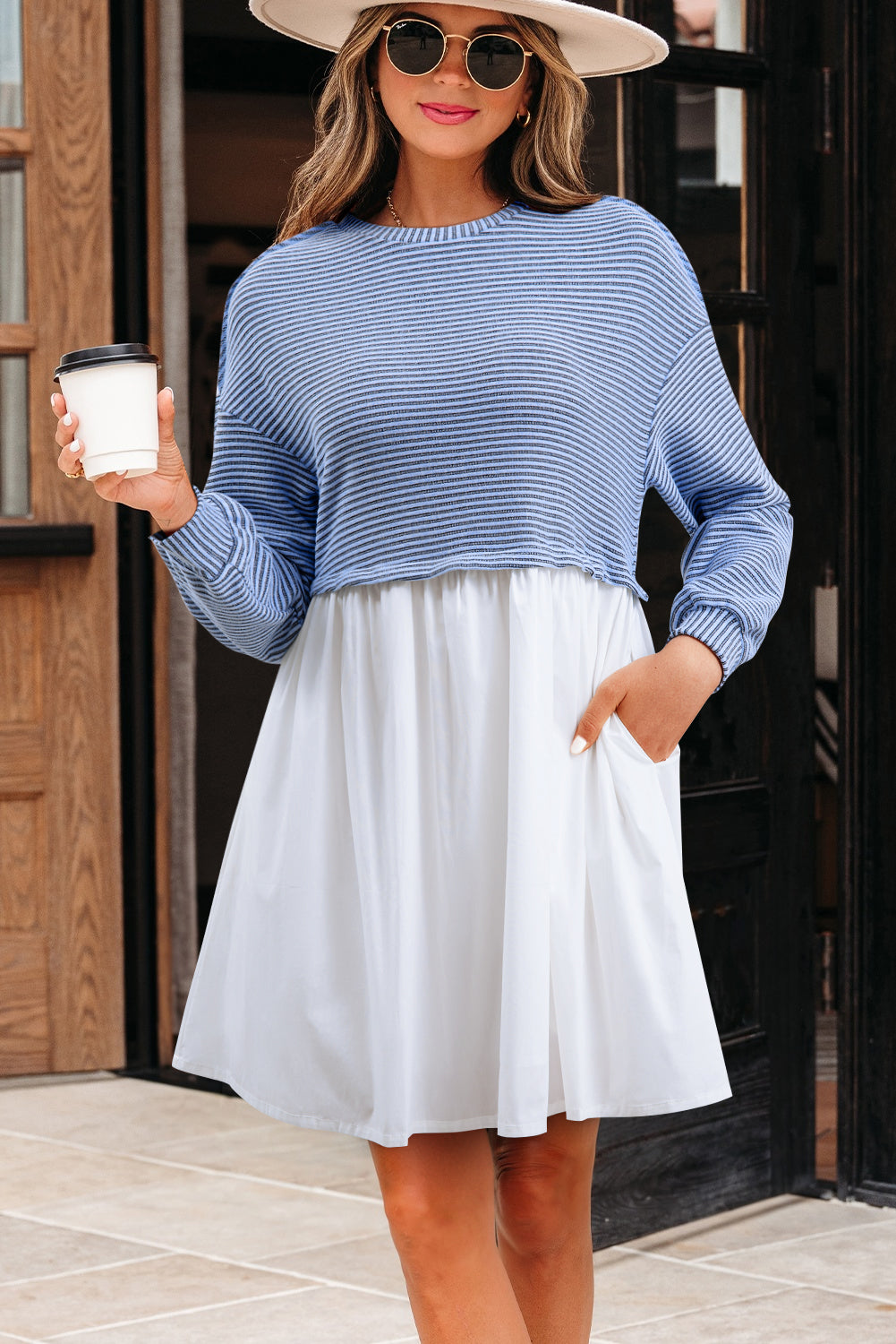 Blue Zone Planet | Sky Blue Stripe Patchwork Pleated High Waist Loose Mini Dress-TOPS / DRESSES-[Adult]-[Female]-2022 Online Blue Zone Planet