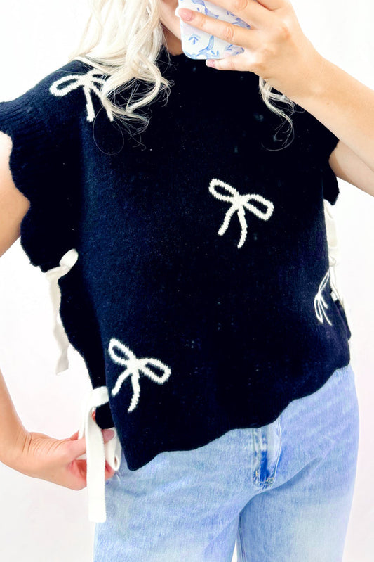 Black Bow Print Side Ties Scalloped Hem Sweater T Shirt-Sweaters & Cardigans/Short Sleeve Sweaters-[Adult]-[Female]-Black-S-2022 Online Blue Zone Planet