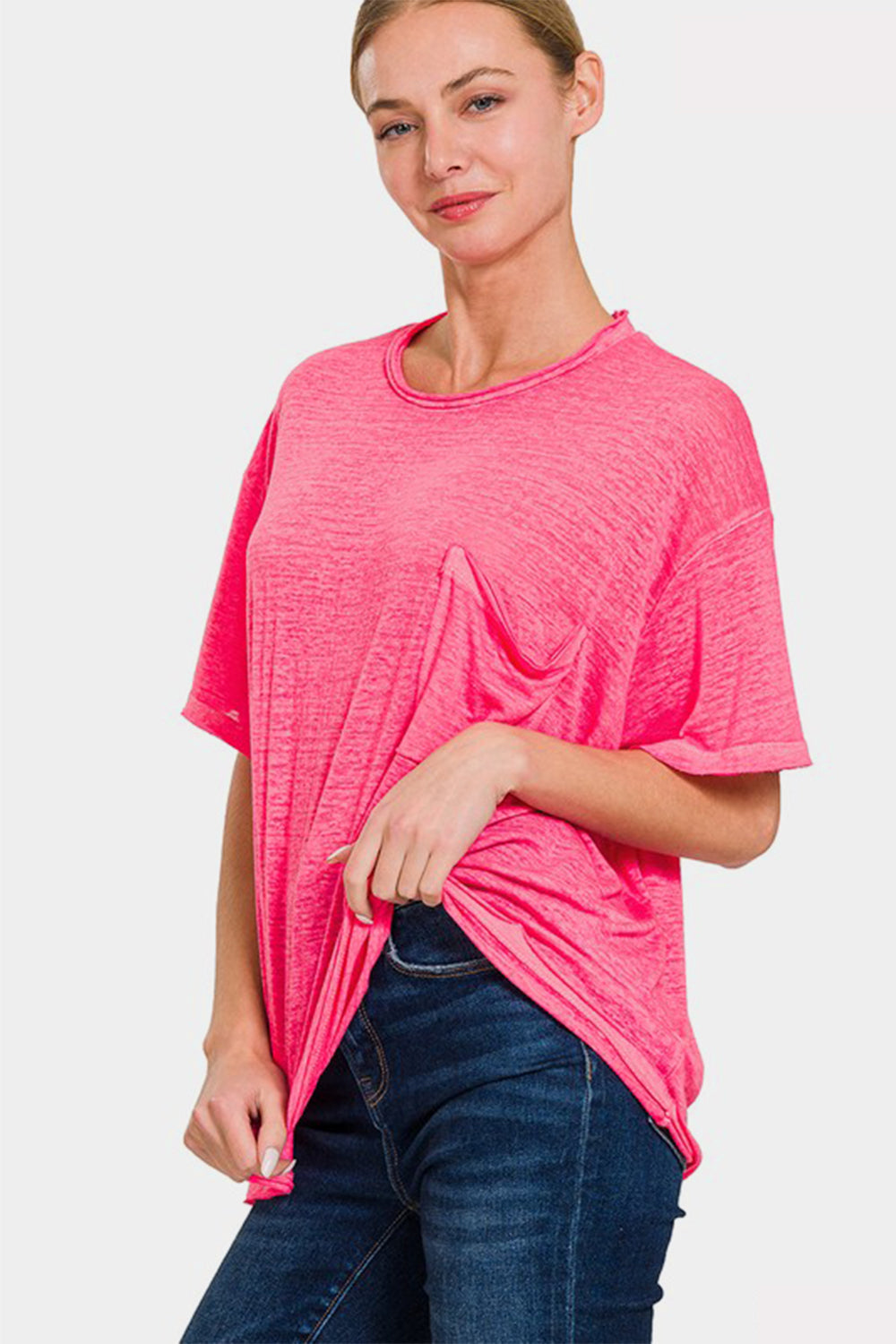 Blue Zone Planet | Zenana Pocketed Round Neck Dropped Shoulder T-Shirt-TOPS / DRESSES-[Adult]-[Female]-2022 Online Blue Zone Planet