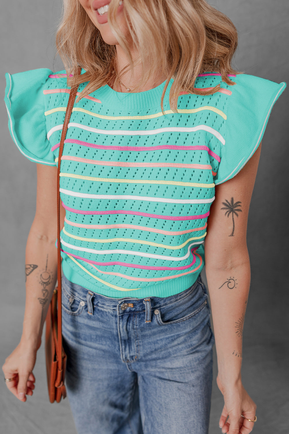 Green Colorful Striped Eyelet Knit Ruffled Sleeve Sweater T Shirt-TOPS / DRESSES-[Adult]-[Female]-2022 Online Blue Zone Planet