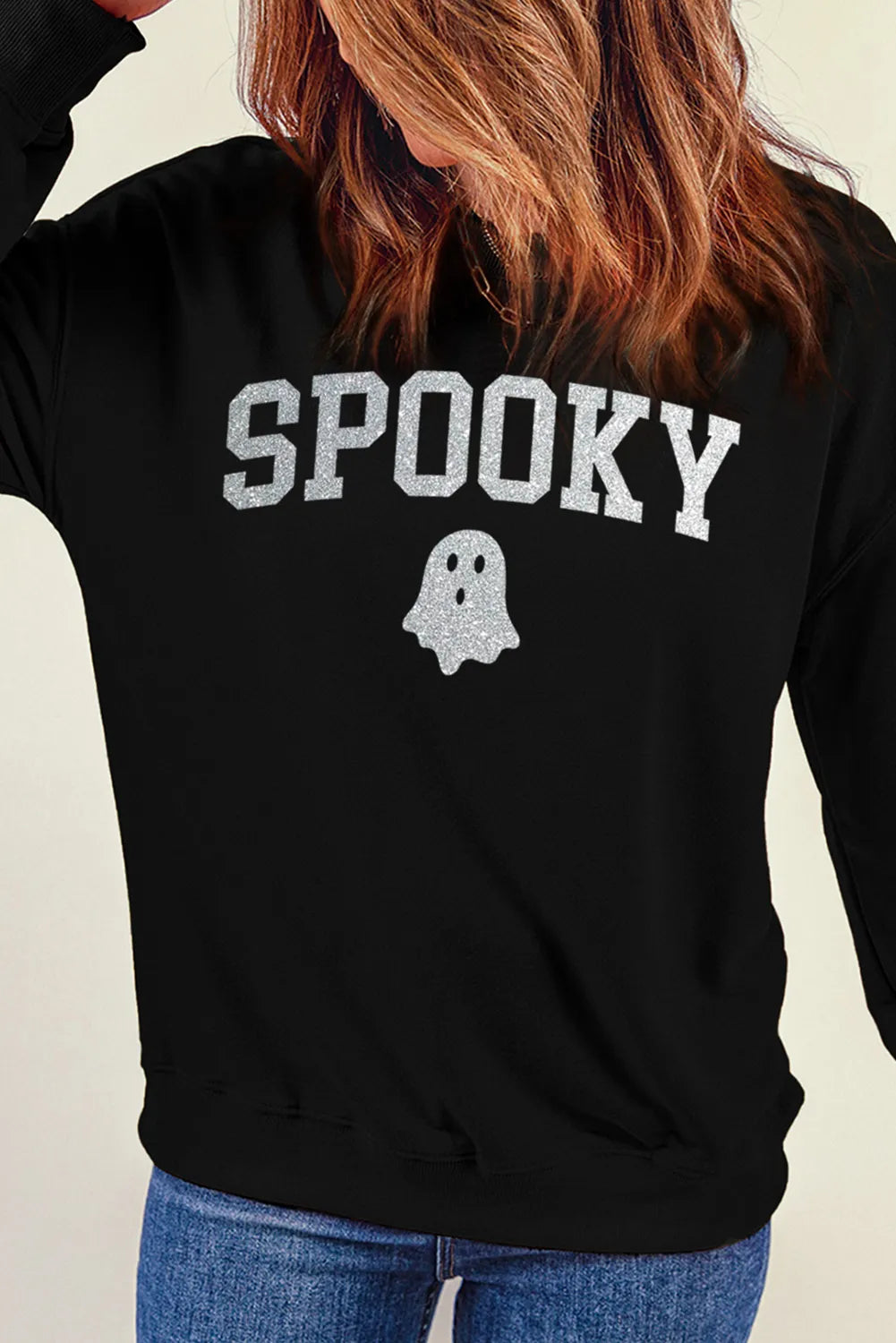 SPOOKY Round Neck Long Sleeve Sweatshirt-TOPS / DRESSES-[Adult]-[Female]-Black-S-2022 Online Blue Zone Planet