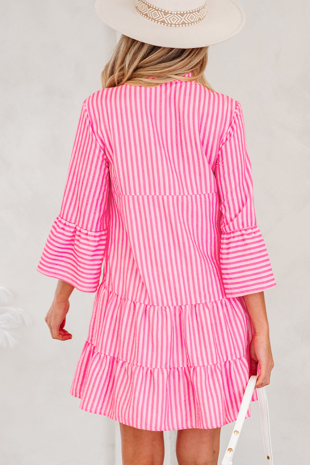 Pink Stripe Flare Sleeve Half Placket Tiered Flowy Mini Dress-TOPS / DRESSES-[Adult]-[Female]-2022 Online Blue Zone Planet