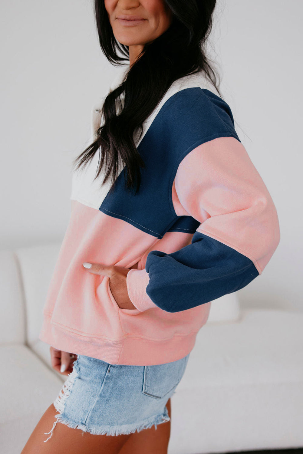 Pink Colorblock Patchwork Half Button Baggy Sweatshirt-Tops/Sweatshirts & Hoodies-[Adult]-[Female]-2022 Online Blue Zone Planet