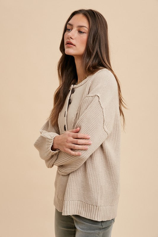 Annie Wear Half Button Ribbed Hem Sweater-TOPS / DRESSES-[Adult]-[Female]-2022 Online Blue Zone Planet