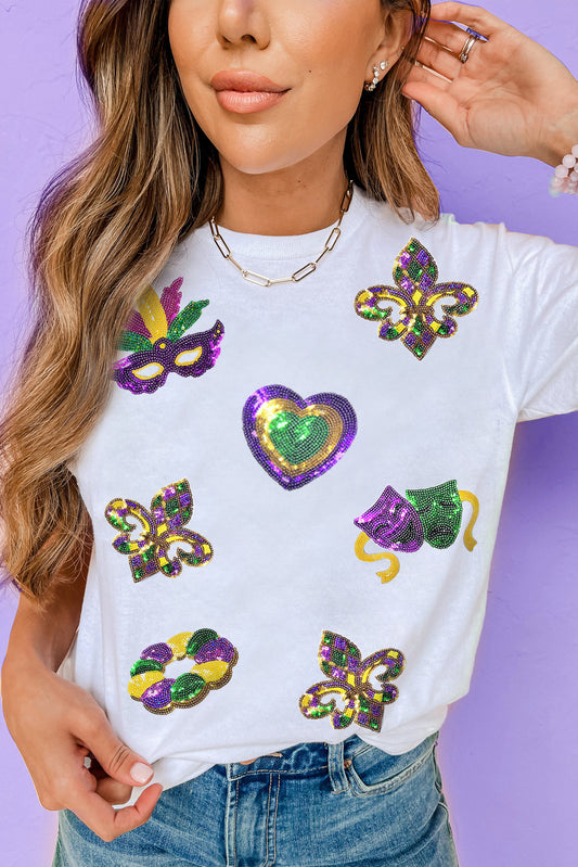 White Sequined Mardi Gras Symbolic Pattern Casual Tee-Graphic/Graphic Tees-[Adult]-[Female]-White-S-2022 Online Blue Zone Planet