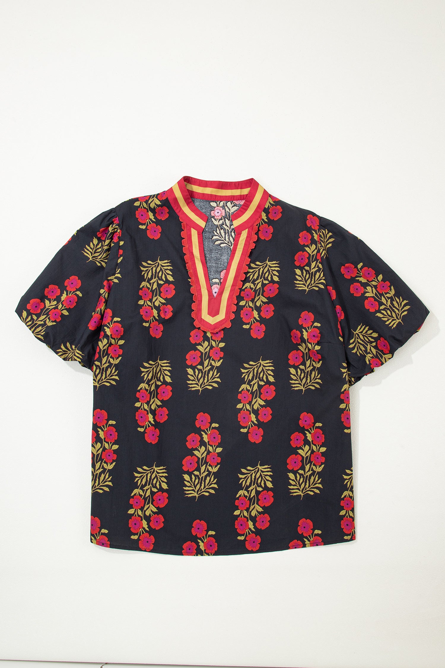 Black Plus Size Floral Print Ricrac Striped Trim Short Sleeve Cotton Blouse-Plus Size/Plus Size Tops/Plus Size Blouses & Shirts-[Adult]-[Female]-2022 Online Blue Zone Planet