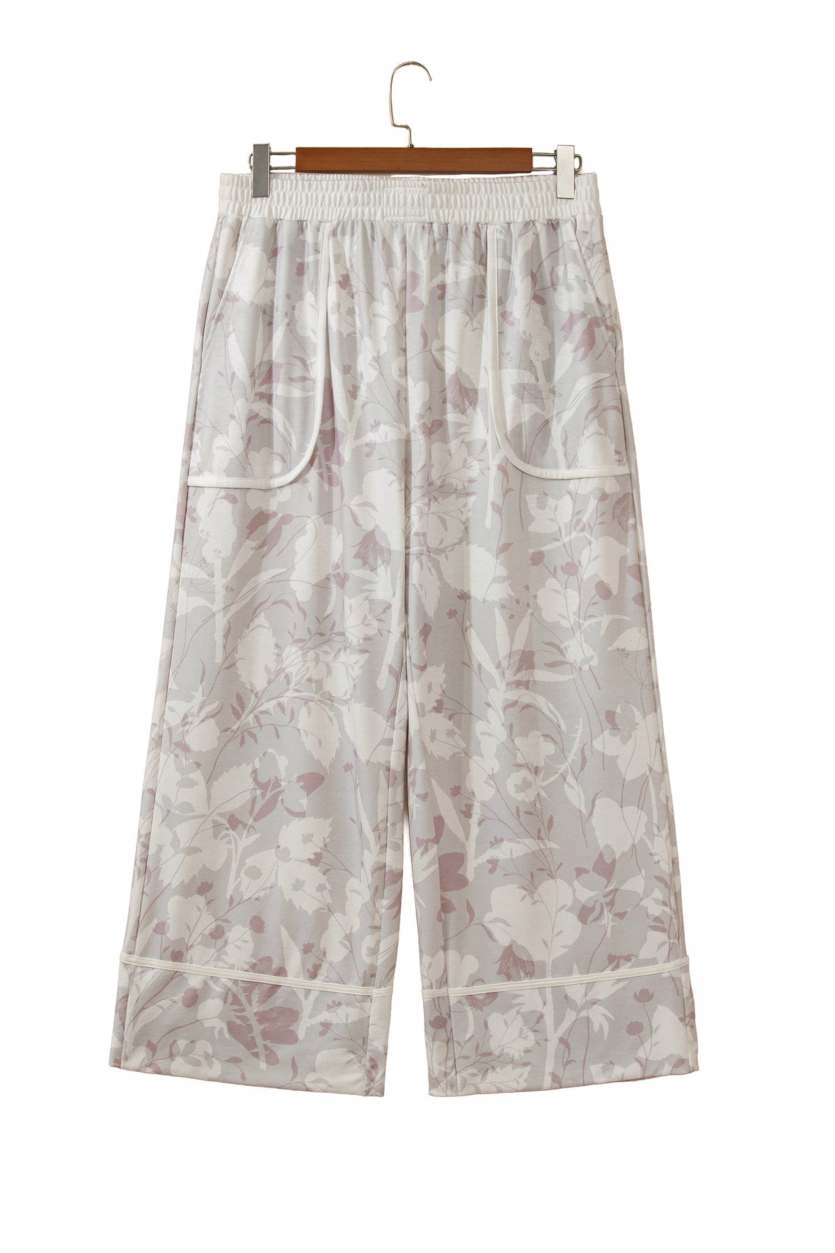 Gray Floral Camo Print Contrast Trim Plus Size Loose Pants-Bottoms/Pants & Culotte-[Adult]-[Female]-2022 Online Blue Zone Planet