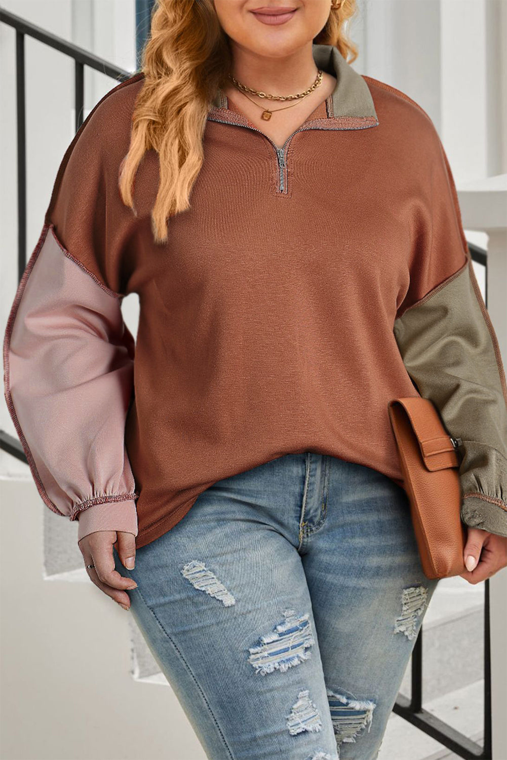 Plus Size Exposed Seam Color Block Quarter Zip Sweatshirt-TOPS / DRESSES-[Adult]-[Female]-Caramel-1X-2022 Online Blue Zone Planet