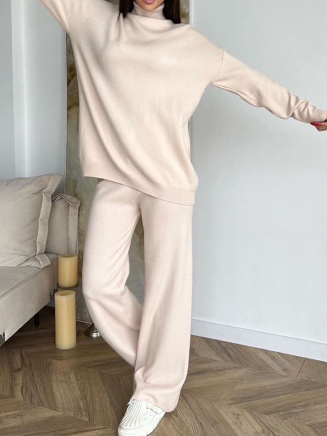 Turtleneck Long Sleeve Top and Drawstring Pants Sweater Set-TOPS / DRESSES-[Adult]-[Female]-Tan-One Size-2022 Online Blue Zone Planet