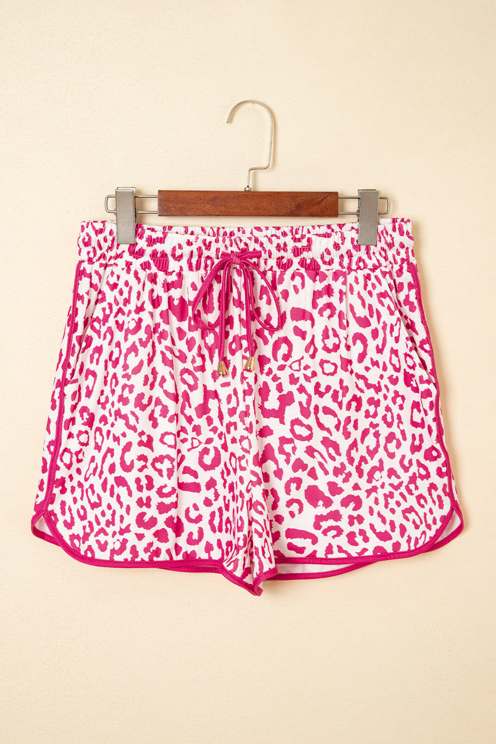 Pink Leopard Elastic Waist Lace Up Contrast Trim Casual Shorts-Bottoms/Casual Shorts-[Adult]-[Female]-2022 Online Blue Zone Planet