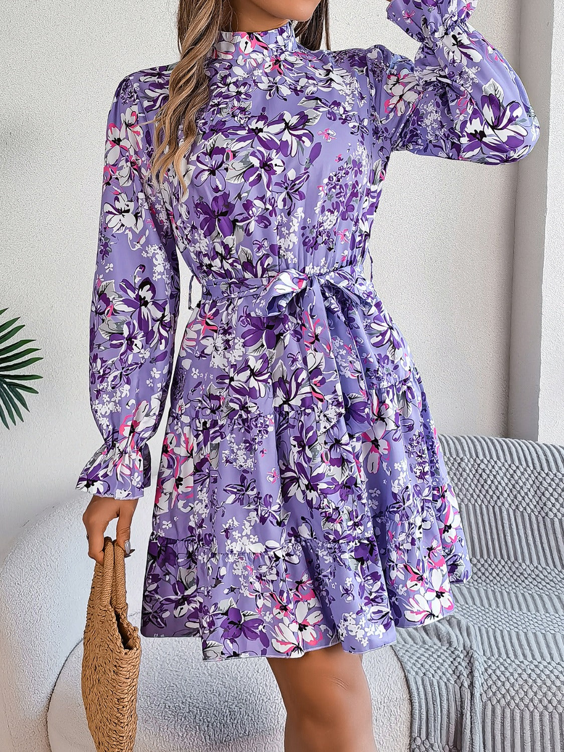 Printed Mock Neck Flounce Sleeve Mini Dress-TOPS / DRESSES-[Adult]-[Female]-Lavender-S-2022 Online Blue Zone Planet