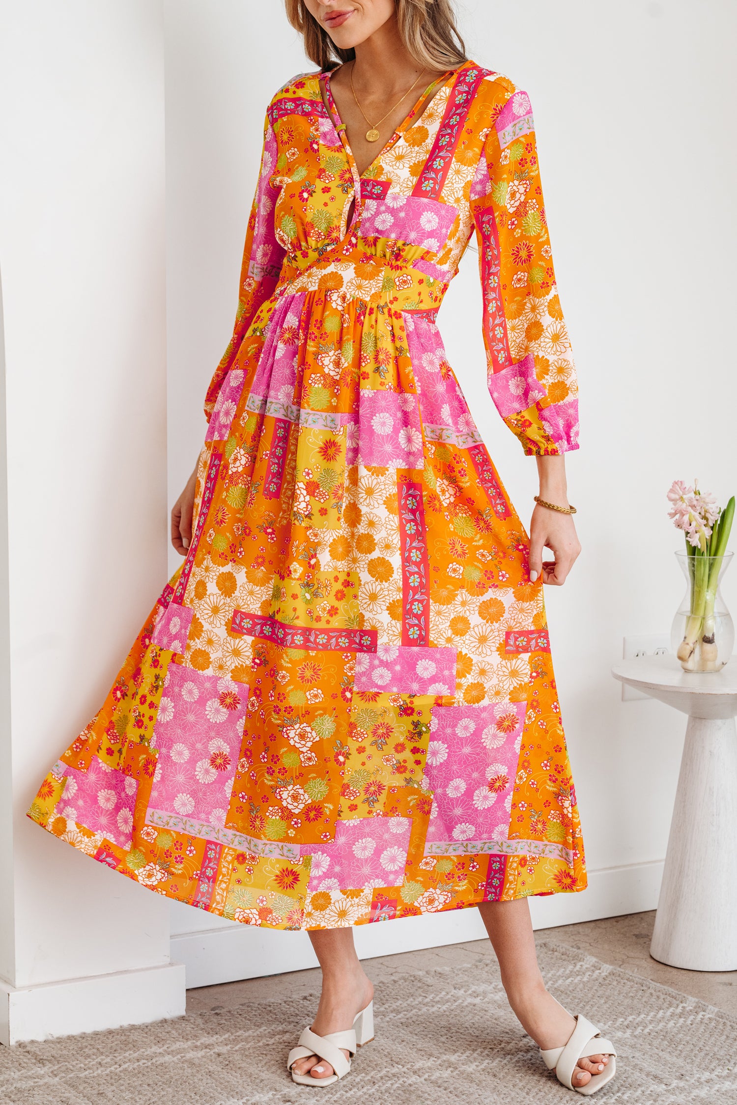 Orange Floral Patchwork Print Cut out Tied Back Bracelet Sleeve Maxi Dress-Bracelet-[Adult]-[Female]-2022 Online Blue Zone Planet
