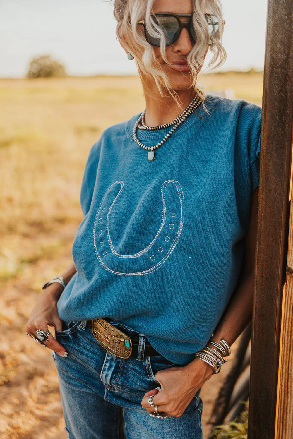 Light Blue Horse Shoe Embroidered Loose Short Sleeve Sweater-TOPS / DRESSES-[Adult]-[Female]-2022 Online Blue Zone Planet