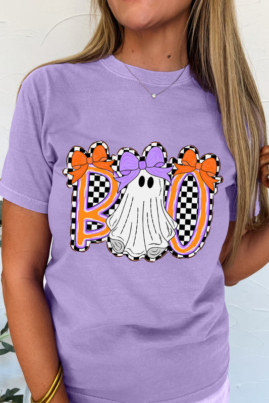 Wisteria Boo Checkered Bow Ghost Halloween Graphic Tee-Graphic/Graphic Tees-[Adult]-[Female]-Wisteria-S-2022 Online Blue Zone Planet
