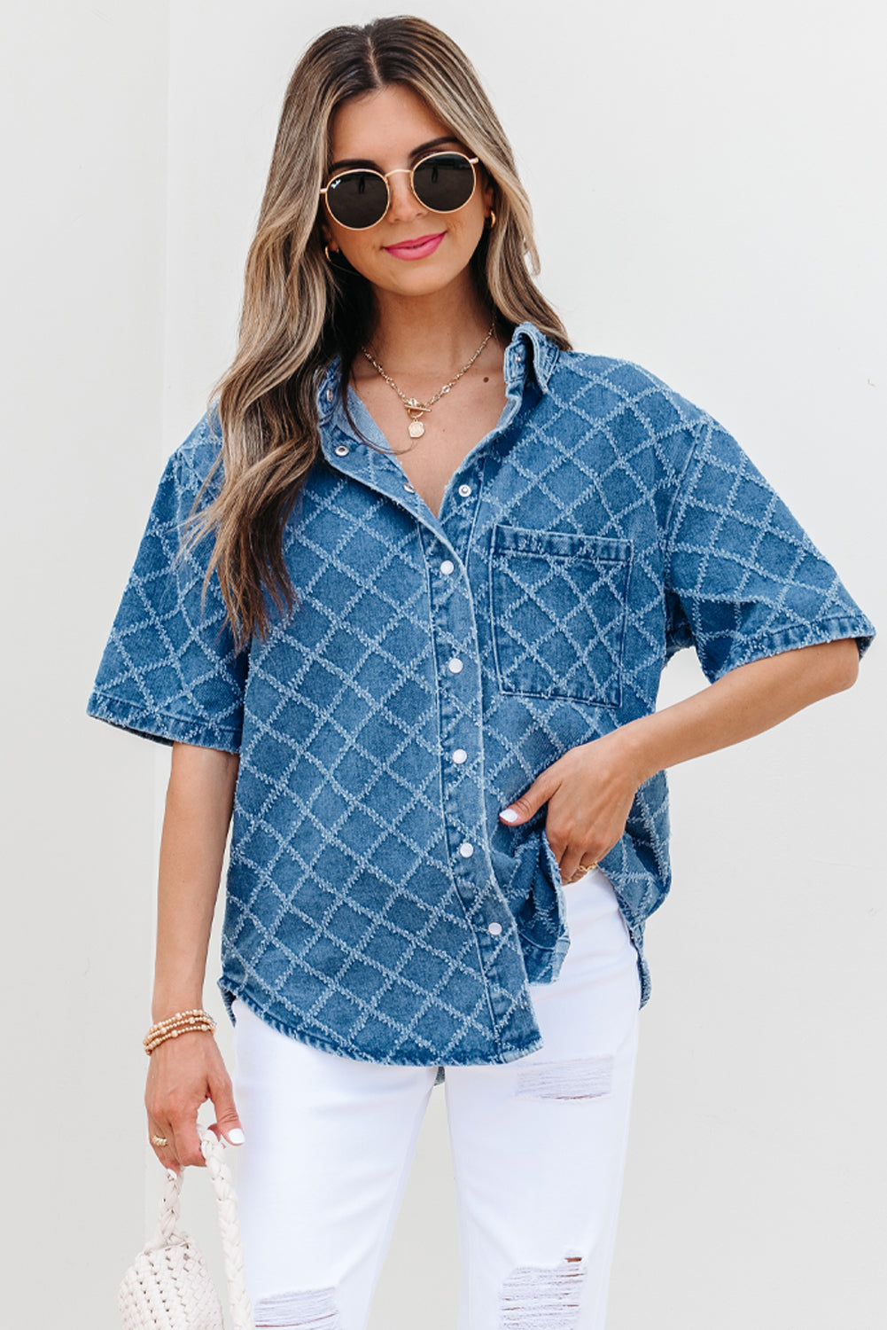 Dusk Blue Checkered Textured Short Sleeve Patched Pocket Denim Shirt-Tops/Blouses & Shirts-[Adult]-[Female]-2022 Online Blue Zone Planet