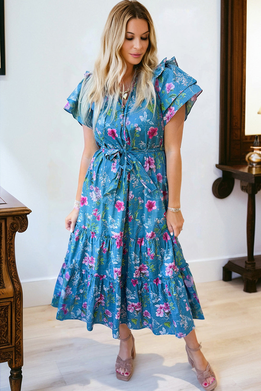 Blue Floral Flutter Sleeve Button Tie Split Neck Belted Long Dress-TOPS / DRESSES-[Adult]-[Female]-2022 Online Blue Zone Planet