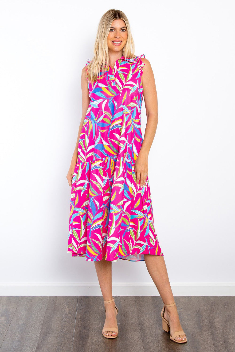 Be Stage Print Ruffled Midi Dress with Pockets-TOPS / DRESSES-[Adult]-[Female]-Fuchsia-S-2022 Online Blue Zone Planet