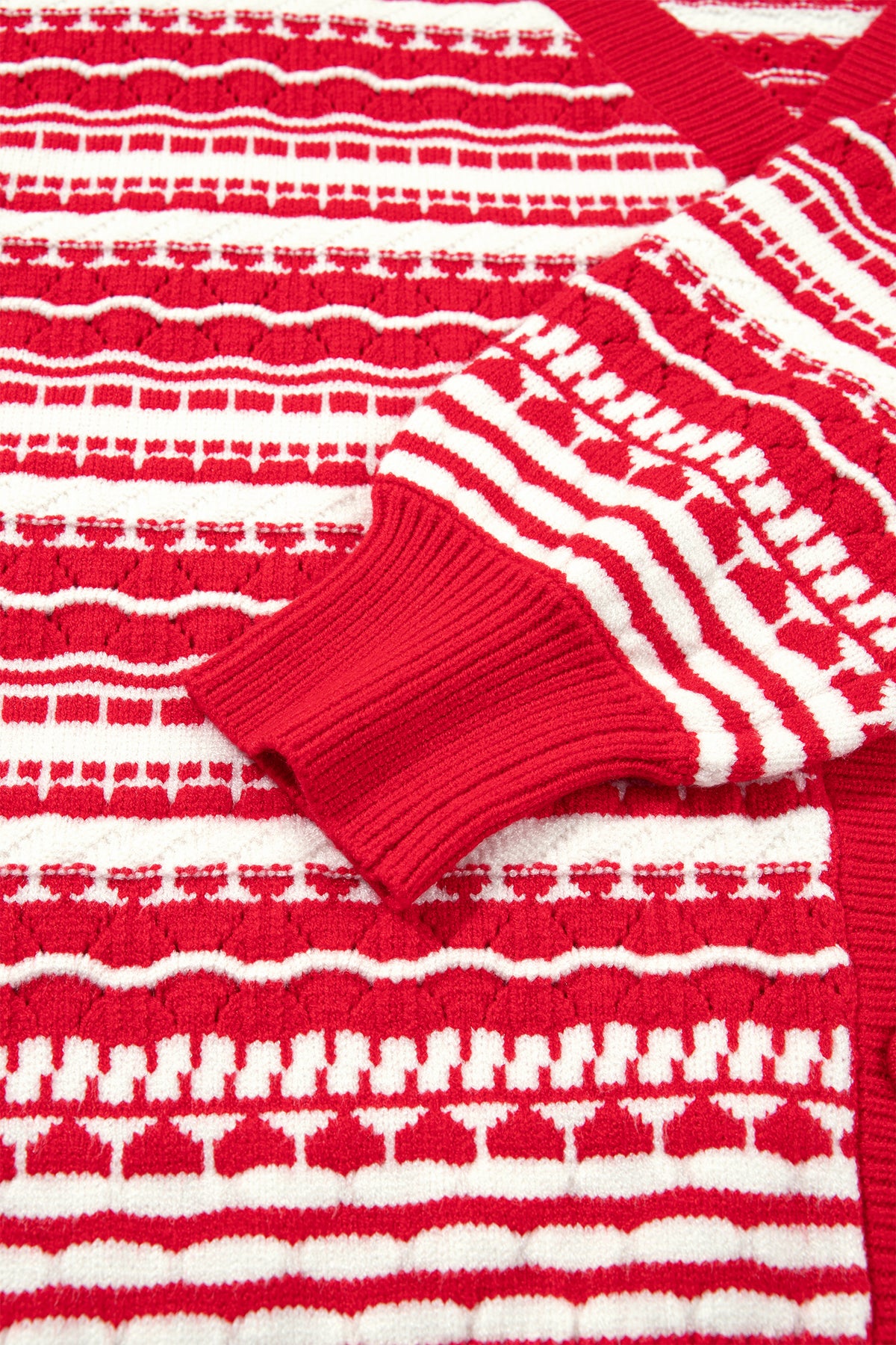 Red Geometric Striped Pattern V Neck Button Front Casual Knit Cardigan-Sweaters & Cardigans/Cardigans-[Adult]-[Female]-2022 Online Blue Zone Planet