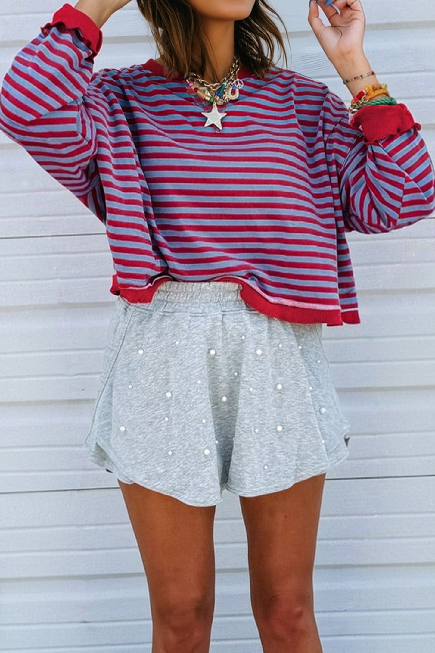 Red Stripe Exposed Seam Contrast Ribbed Trim Oversize Sweatshirt-Tops/Sweatshirts & Hoodies-[Adult]-[Female]-2022 Online Blue Zone Planet