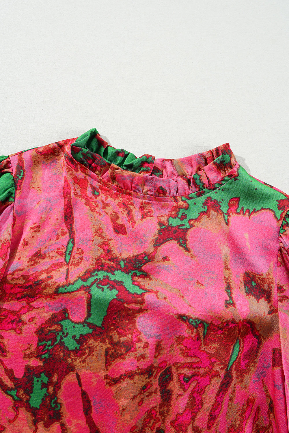 Blue Zone Planet | Rose Abstract Print Frilly Neckline Puff Sleeve Blouse-Tops/Blouses & Shirts-[Adult]-[Female]-2022 Online Blue Zone Planet