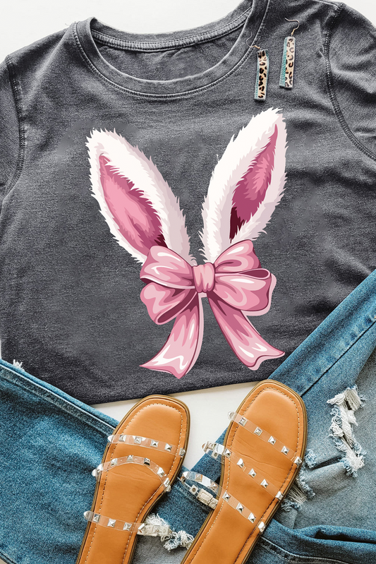 Gray Bunny Ear Bow Printed Easter Fashion T Shirt-Graphic/Graphic Tees-[Adult]-[Female]-Gray-S-2022 Online Blue Zone Planet