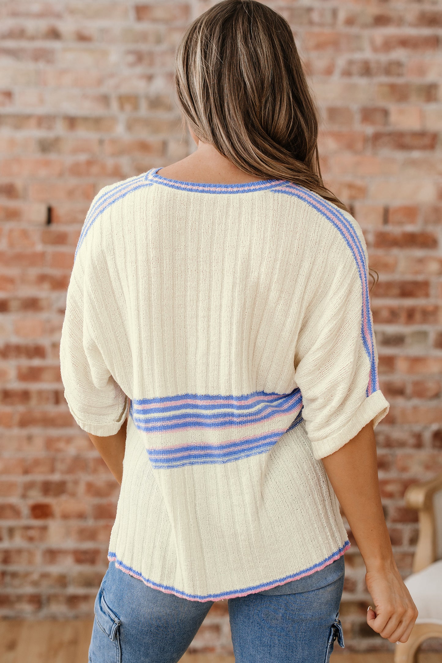 White Striped V Neck Dolman Sleeve Rib Knit Oversized Sweater with Slits-TOPS / DRESSES-[Adult]-[Female]-2022 Online Blue Zone Planet