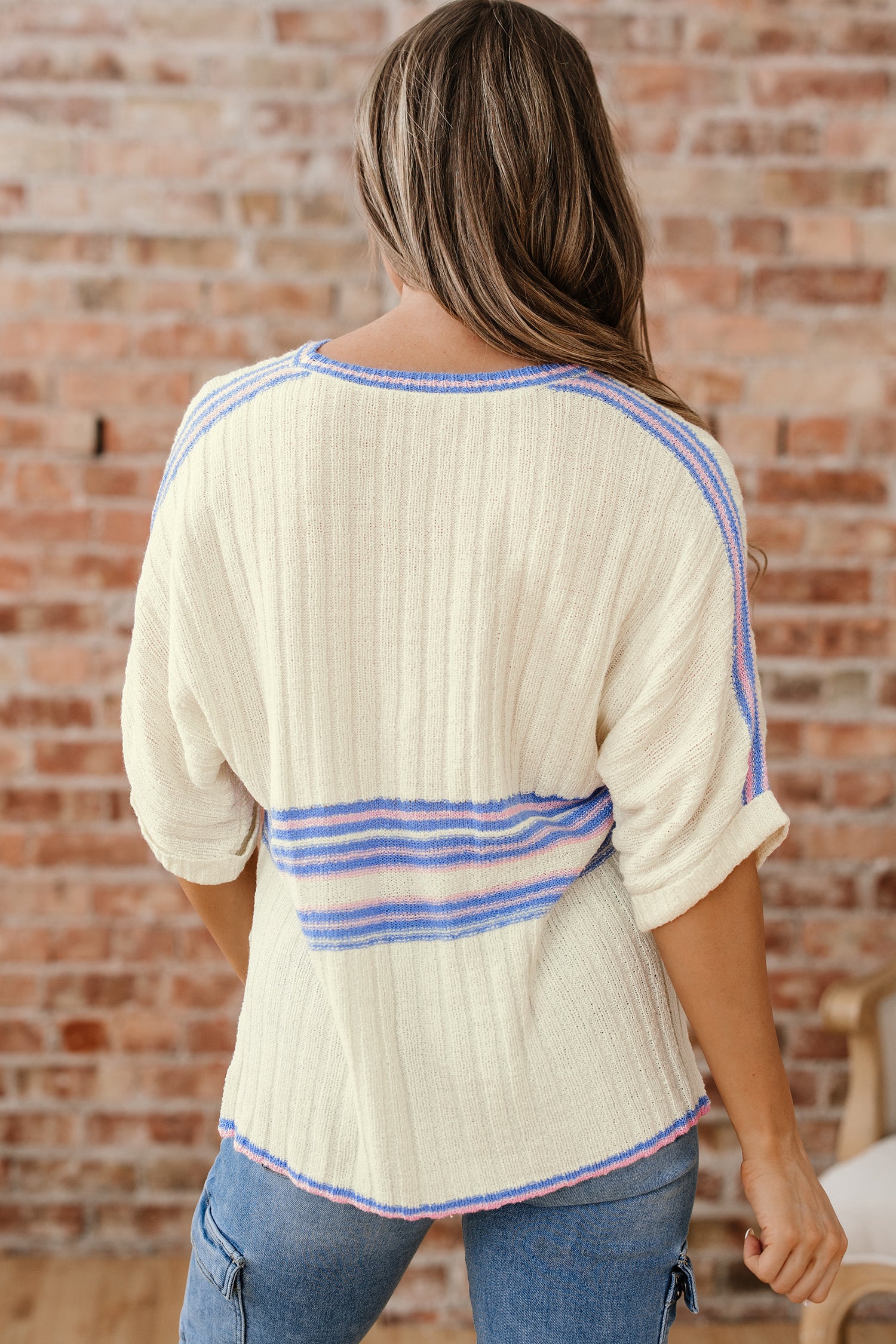White Striped V Neck Dolman Sleeve Rib Knit Oversized Sweater with Slits-TOPS / DRESSES-[Adult]-[Female]-2022 Online Blue Zone Planet