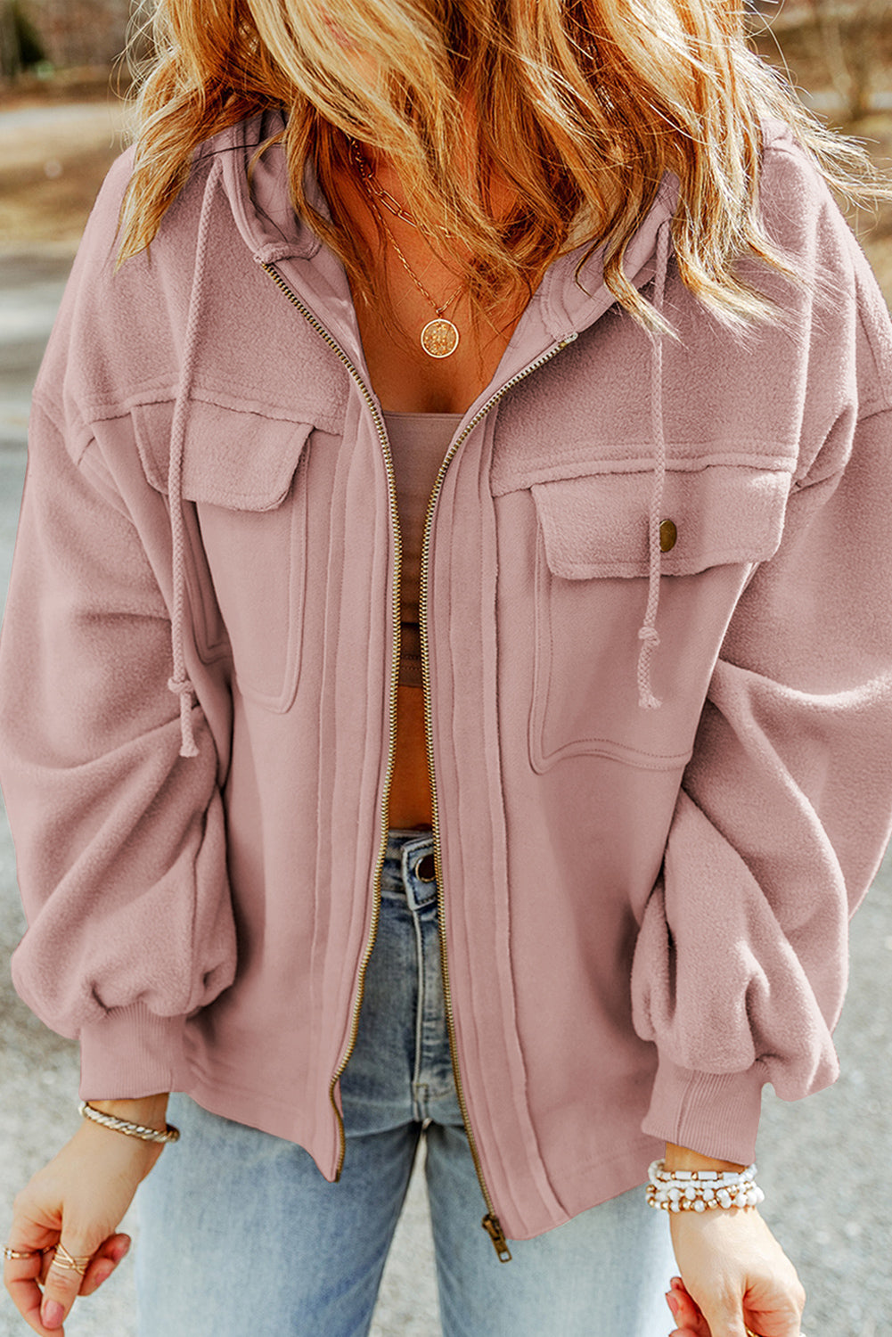 Pink Flap Pocket Drawstring Hood Zip Up Jacket-Tops / Dresses-[Adult]-[Female]-2022 Online Blue Zone Planet