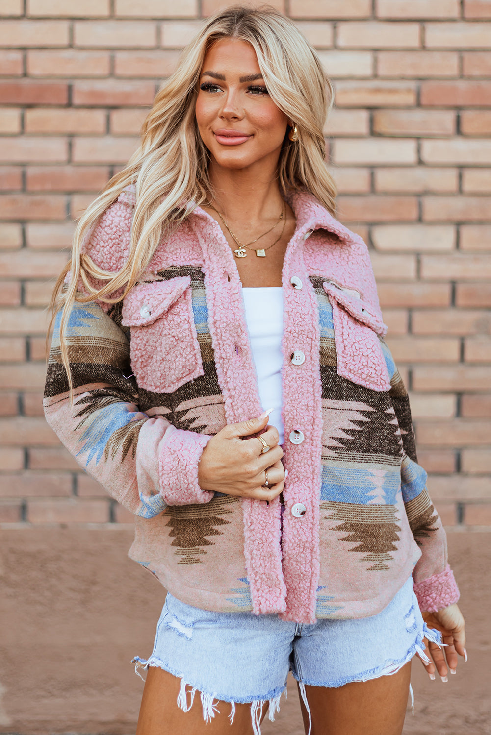 Pink Western Aztec Print Sherpa Splicing Buttoned Flap Pocket Coat-Outerwear/Jackets-[Adult]-[Female]-Pink-S-2022 Online Blue Zone Planet