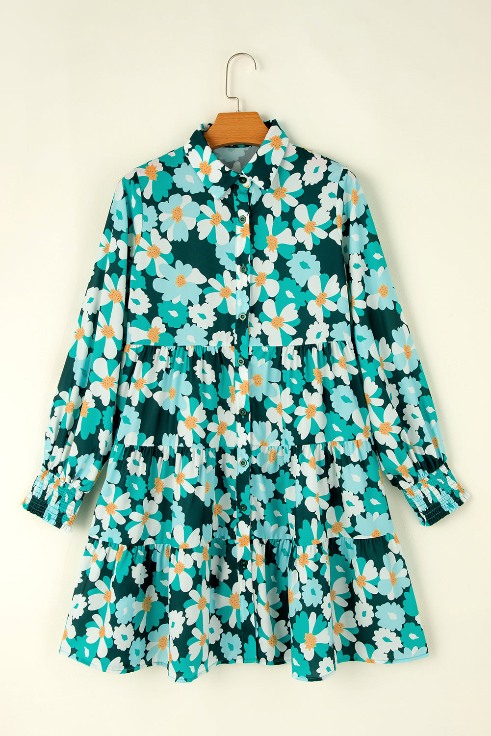 Blue Zone Planet | Green Floral Tiered Long Puff Sleeve Shirt Dress-TOPS / DRESSES-[Adult]-[Female]-2022 Online Blue Zone Planet