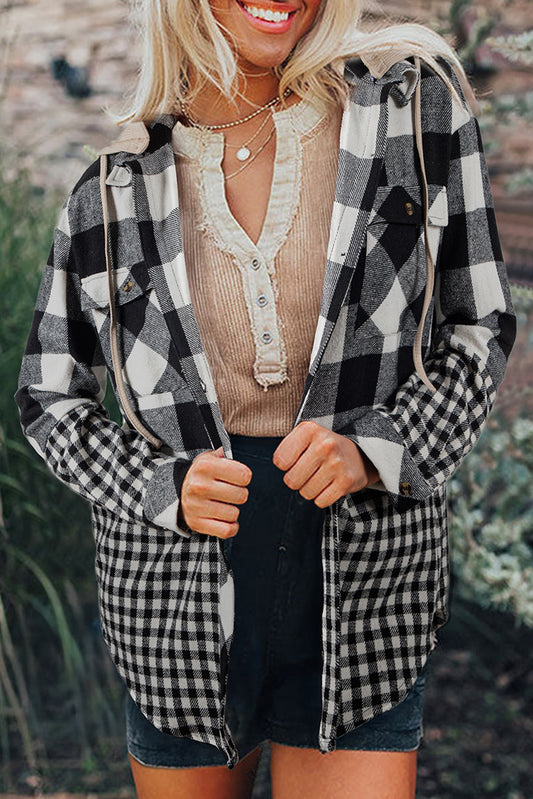 Black Double Plaid Patchwork Drawstring Hooded Shacket-Tops / Dresses-[Adult]-[Female]-Black-S-2022 Online Blue Zone Planet