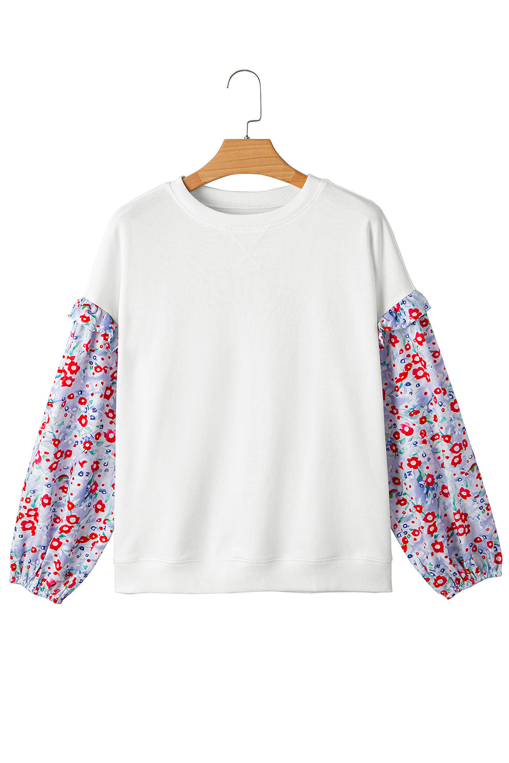 White Floral Ruffled Balloon Sleeve Patchwork Loose Blouse-Tops/Blouses & Shirts-[Adult]-[Female]-2022 Online Blue Zone Planet