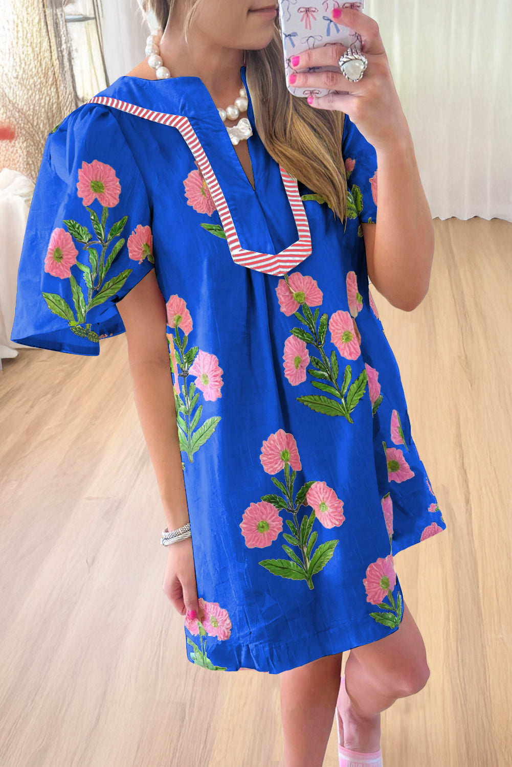 Blue Floral Short Sleeve Split Neck Loose Mini Dress-TOPS / DRESSES-[Adult]-[Female]-Blue-S-2022 Online Blue Zone Planet