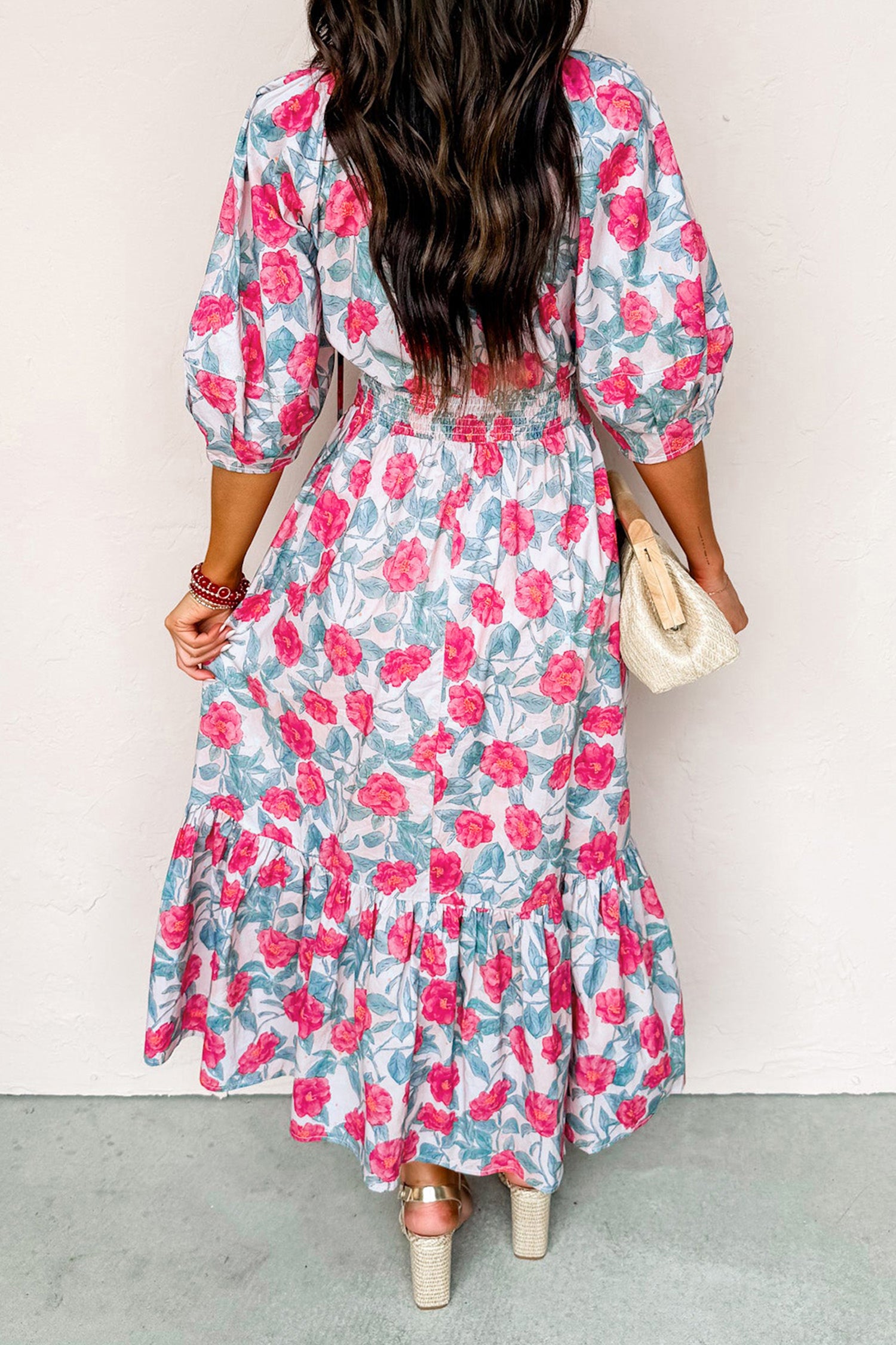 Red Elegant Floral Puff Sleeve Midi Dress-TOPS / DRESSES-[Adult]-[Female]-2022 Online Blue Zone Planet