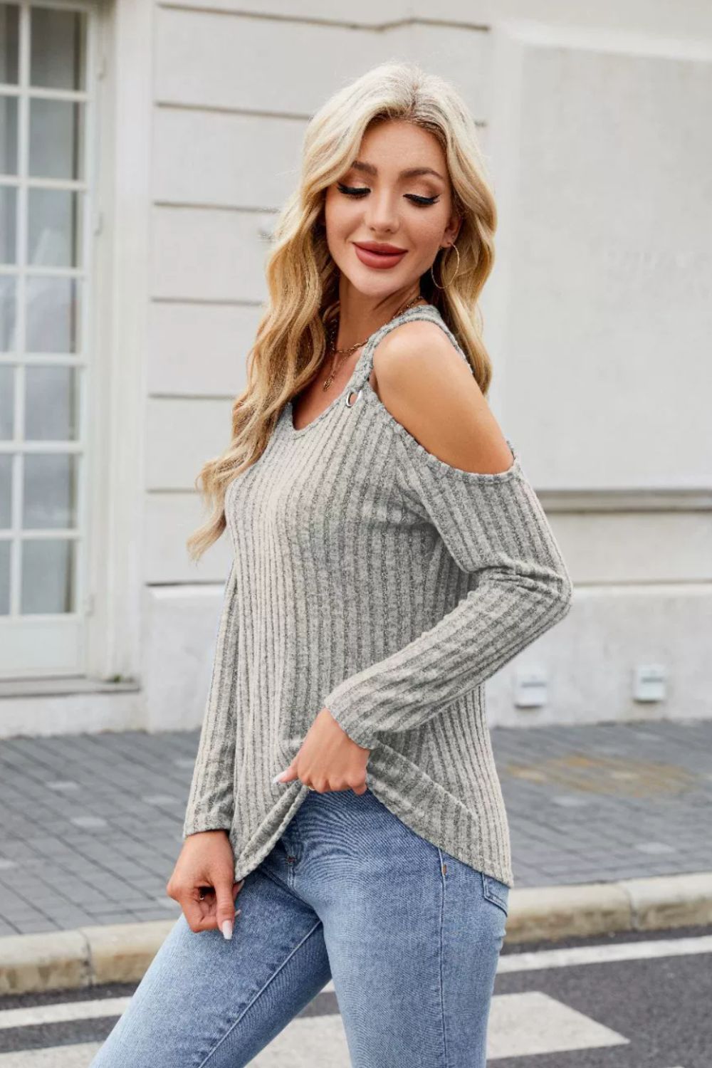 Ribbed Cold Shoulder Long Sleeve Top-TOPS / DRESSES-[Adult]-[Female]-2022 Online Blue Zone Planet