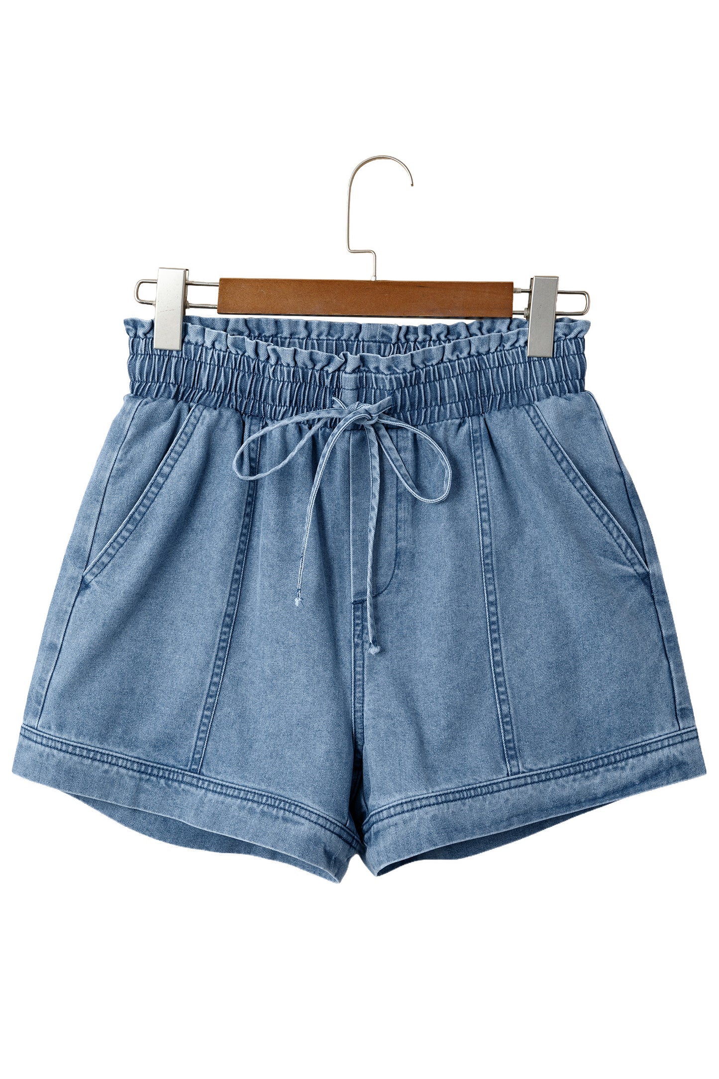 Dusk Blue Smocked Elastic Waist Denim Shorts-Bottoms/Denim Shorts-[Adult]-[Female]-2022 Online Blue Zone Planet