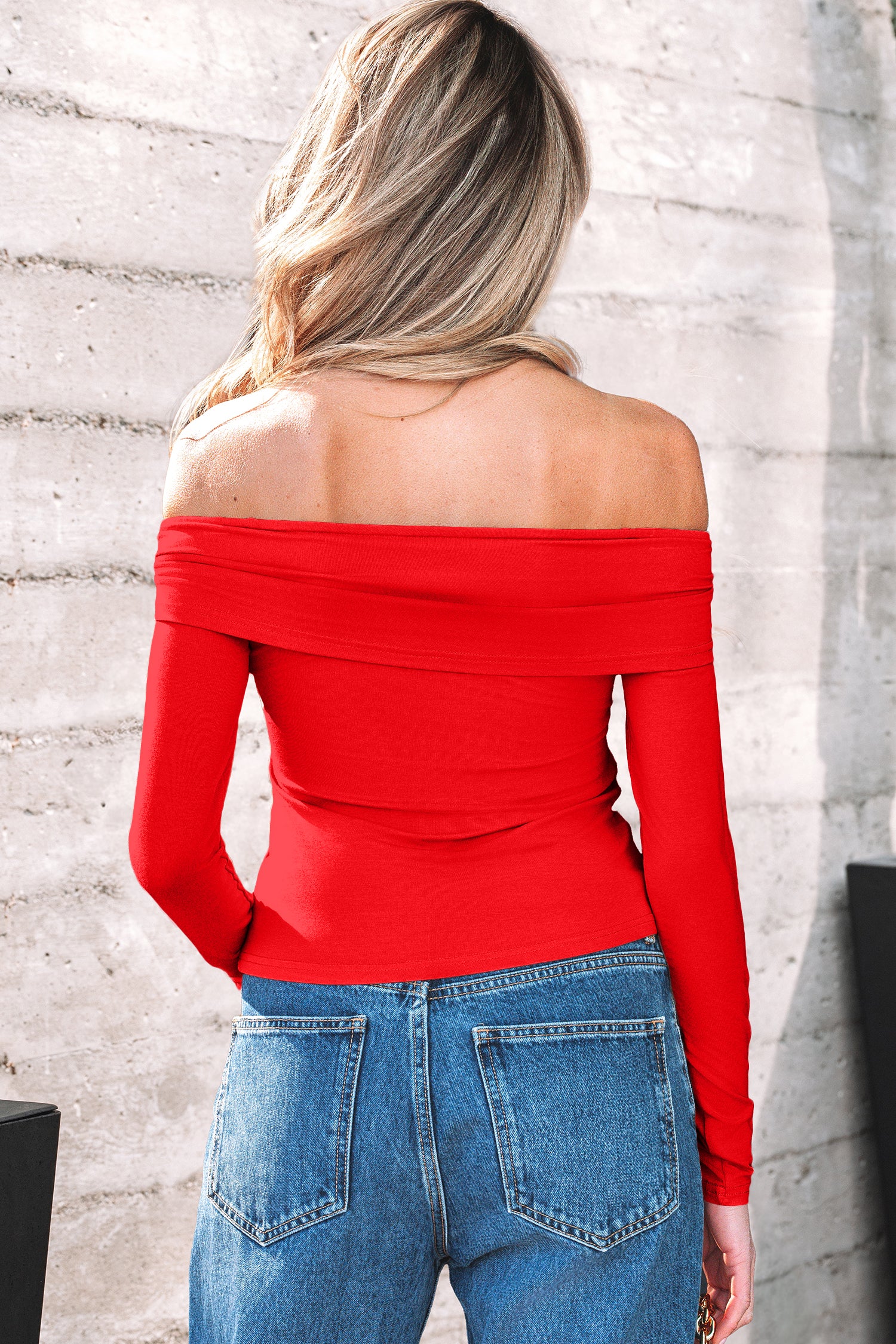 Fiery Red Foldover Off Shoulder Long Sleeve Slim Top-Tops/Long Sleeve Tops-[Adult]-[Female]-2022 Online Blue Zone Planet